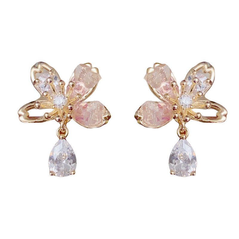 14K Gold Pink Crystal Flower Petal Drop Earrings – Sweet & Elegant