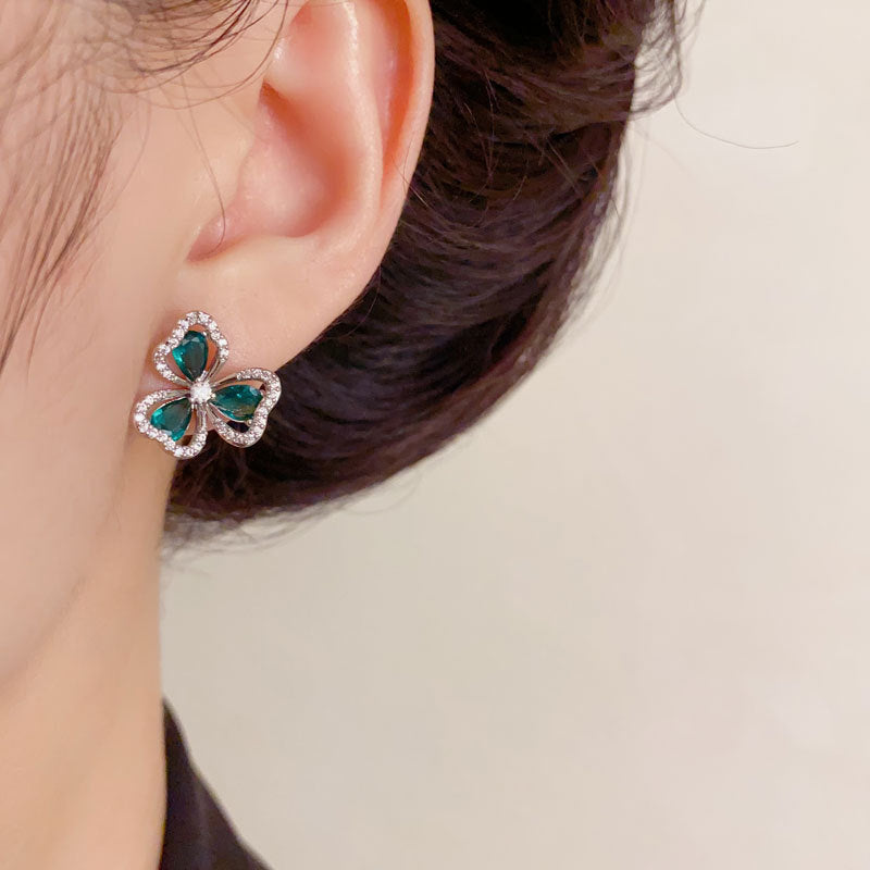Luxury Zircon Green Clover Stud Earrings – Floral Design