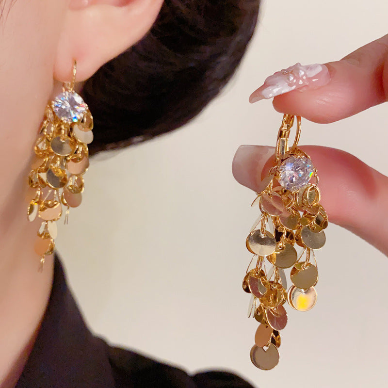 Elegant Zircon Metal Disc Tassel Drop Earrings – Geometric Design