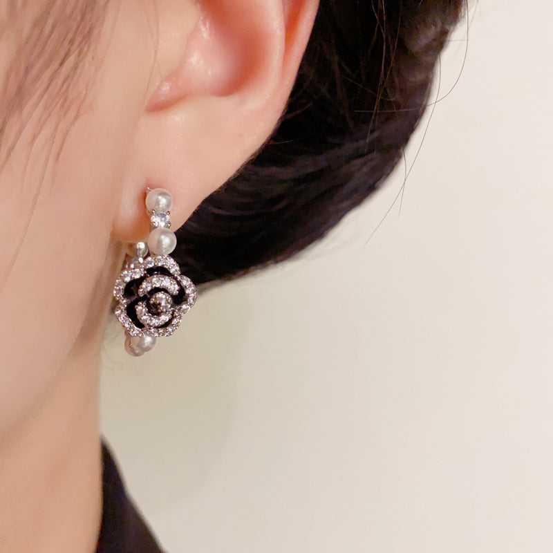 Elegant Zircon Camellia & Pearl Hoop Earrings – Floral Design