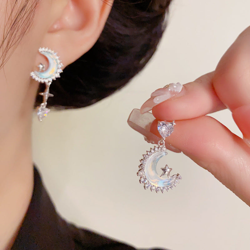Zircon Star-Moon Asymmetric Tassel Drop Earrings – Elegant Design