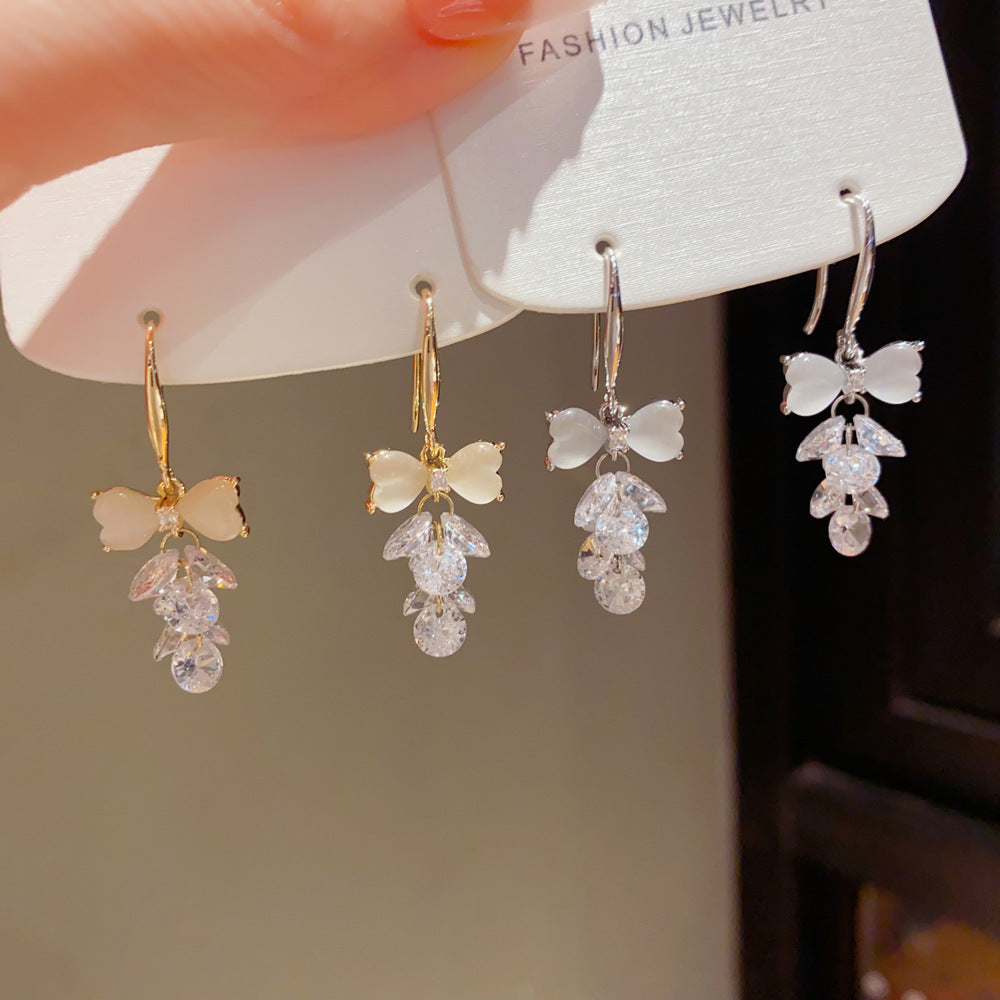 Eaioncol Cat Eye Bow Tassel Ear Hooks Gold Silver