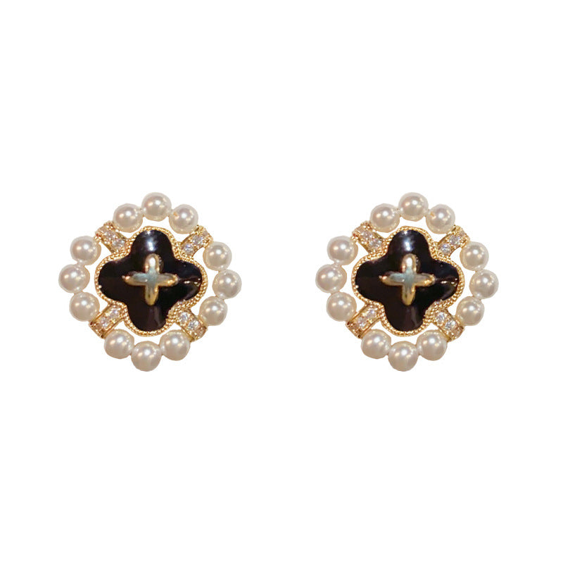 14K Gold-Plated Pearl Four-Leaf Flower Stud Earrings - Elegant & Chic