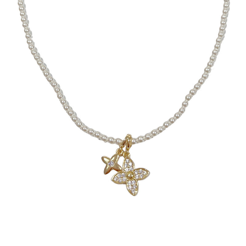 14K Gold Zircon Four-Leaf Flower Pearl Pendant Necklace–Elegant Design