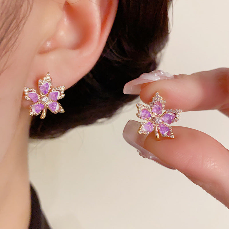 14K Gold-Plated Purple Maple Leaf Stud Earrings – Chic Floral Design