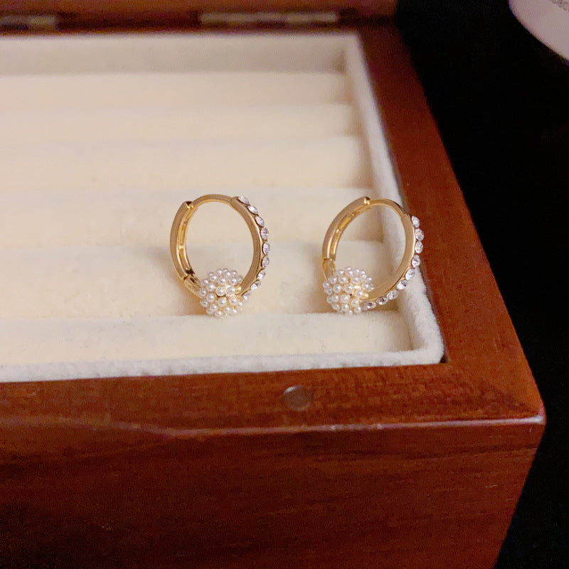 14K Gold-Plated Diamond Pearl Ball Earrings Elegant Minimalist Design