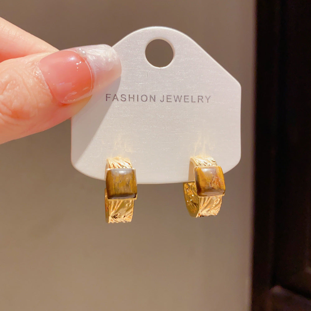 Eaioncol Square Tiger Eye Hoop Earrings 14K Gold Plated
