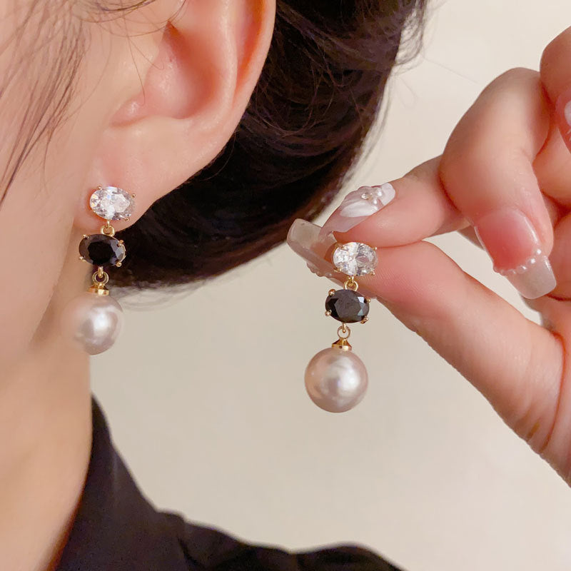 Luxury Oval Color-Block Pearl Tassel Drop Earrings – Elegant Design