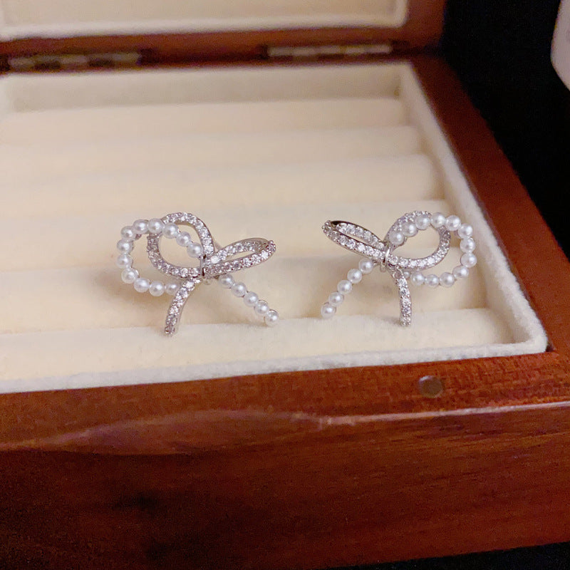 14K Gold-Plated Zircon Pearl Bow Earrings – Sweet Elegant Design