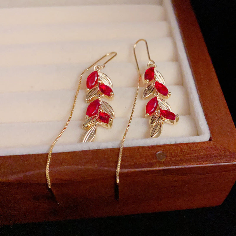 14K Gold-Plated Zircon Red Wheat Ear Thread - Elegant Tassel Design