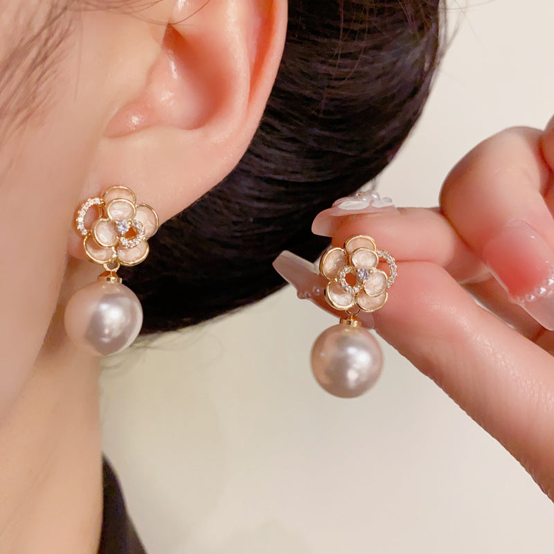14K Gold Pink Camellia Pearl Drop Earrings – Floral Elegant Design