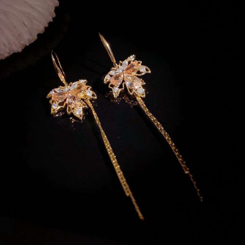 Luxury Zircon Maple Leaf Tassel Ear Hook Earrings – Elegant Design