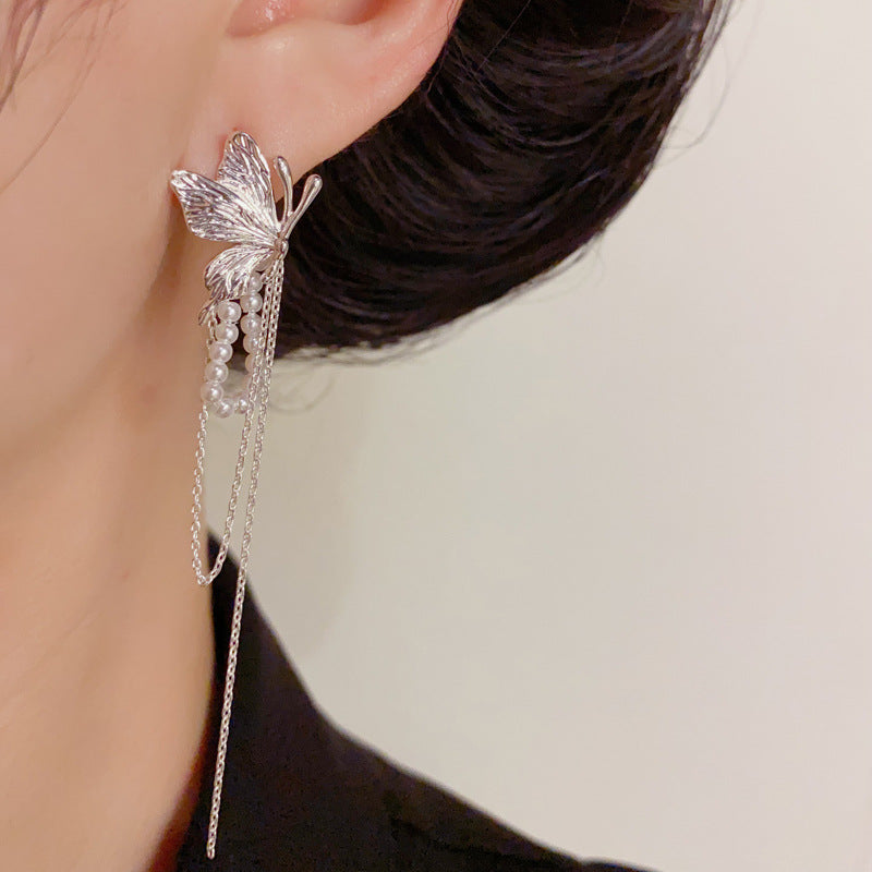 Luxury Butterfly & Pearl Chain Tassel Drop Earrings – Elegant Design