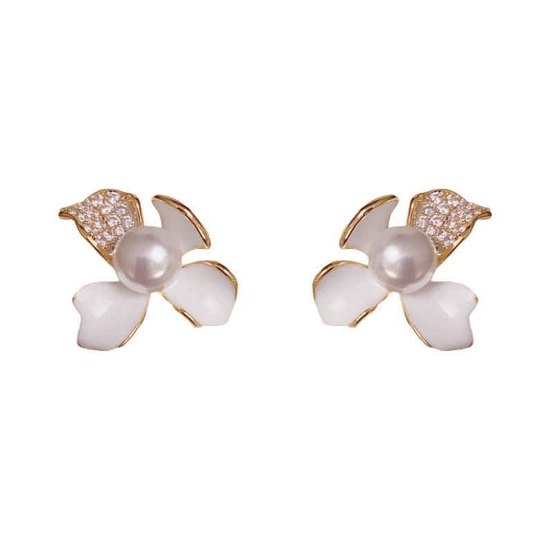 14K Gold Vintage Enamel 3D Zircon Flower Earrings – S925 Silver Needle