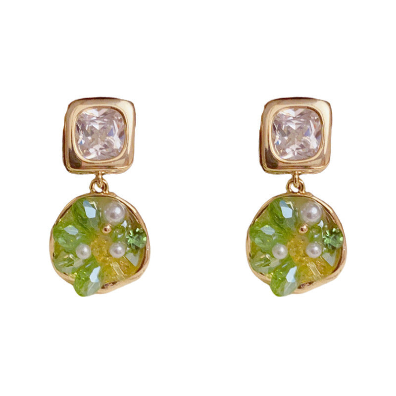 Minimalist Green Crystal Geo Tassel Drop Earrings – S925 Silver Needle