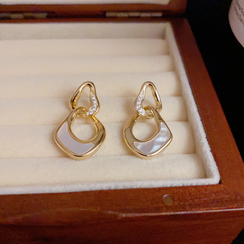 14K Gold-Plated Double Hoop Geometric Shell Earrings – Elegant Design