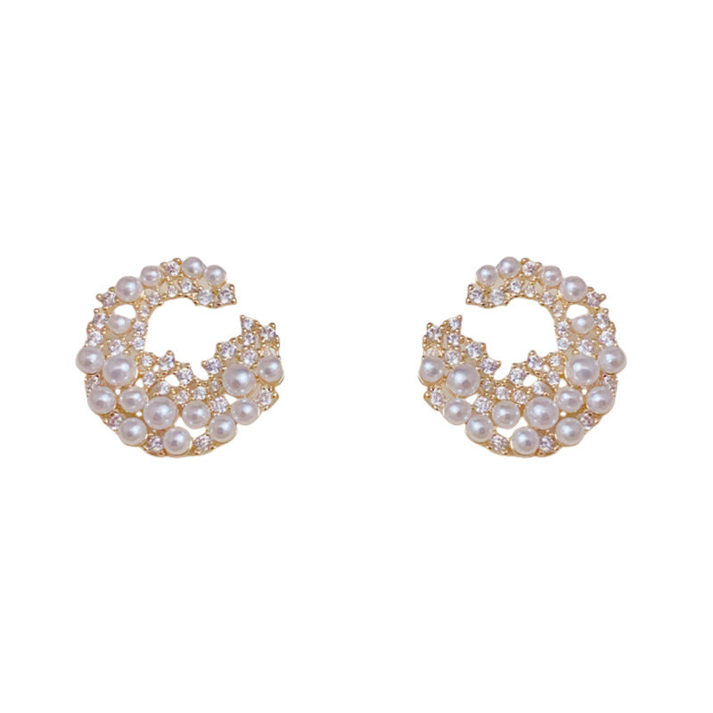 Zircon & Pearl C-Shaped Stud Gold Earrings – Elegant Geometric Design