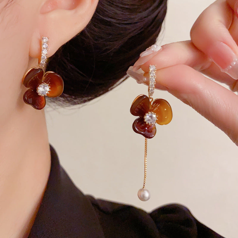 Luxury Asymmetric Resin Petal Tassel Drop Earrings – Floral Design