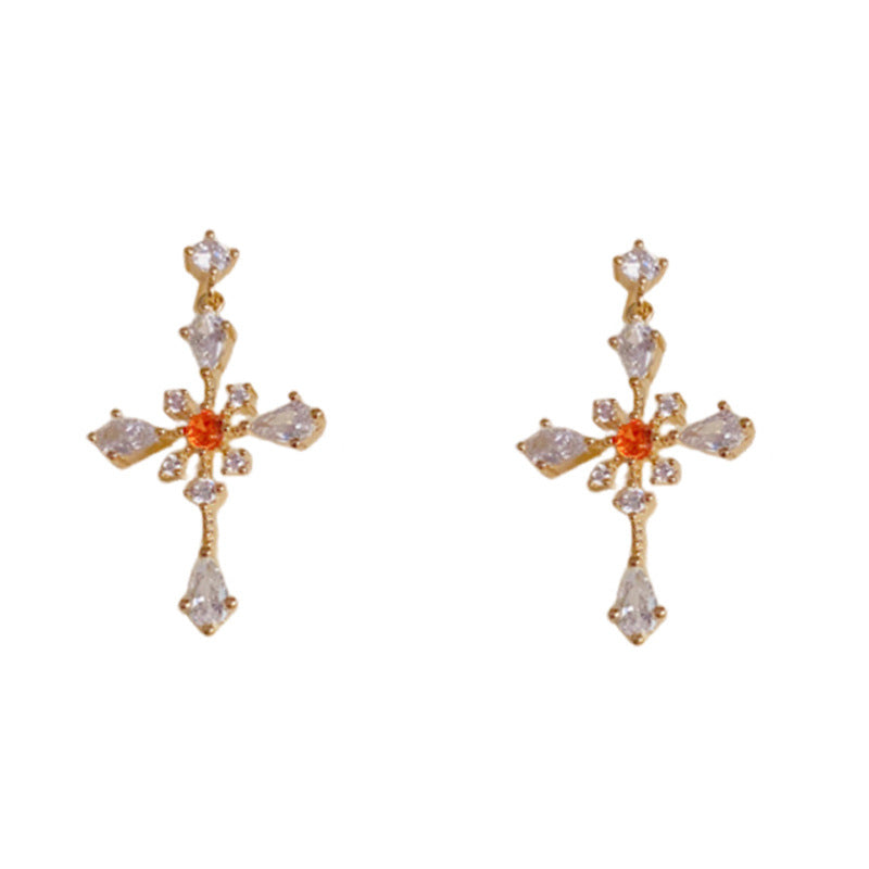 Elegant Full-Zircon Cross Drop Gold Earrings – Geometric Design