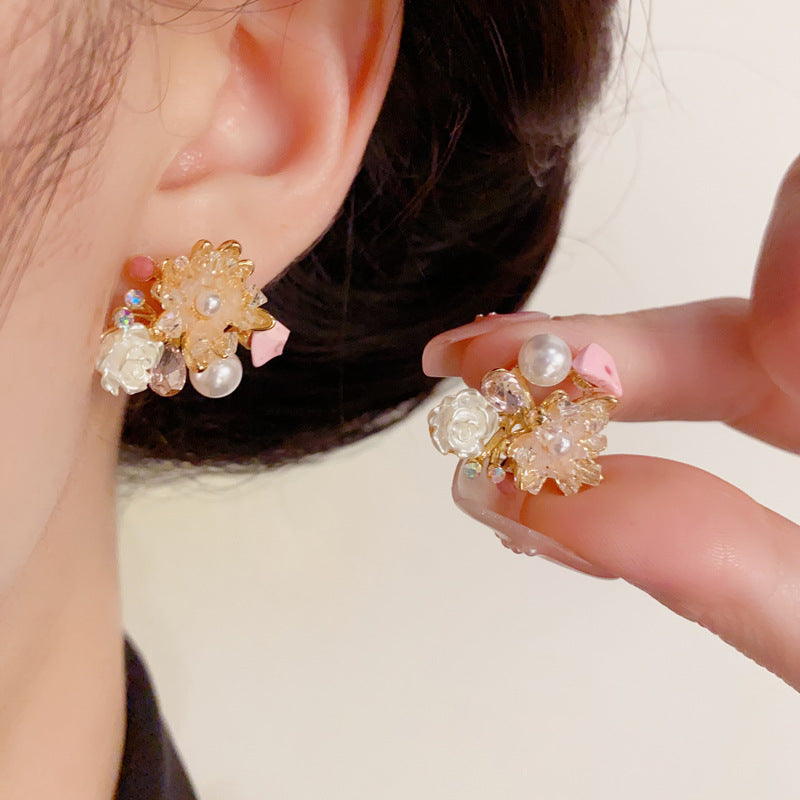 14K Gold Handcrafted Camellia Crystal Stud Earrings – Elegant Design