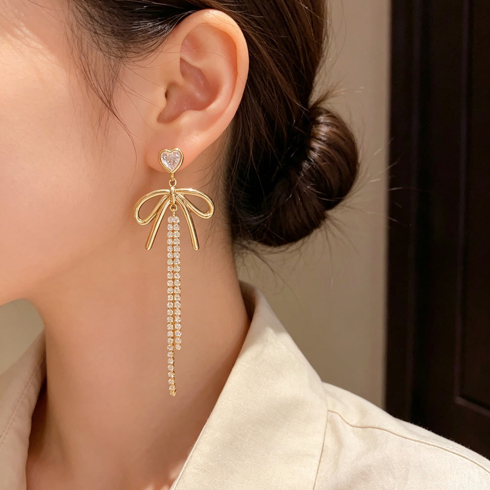 Eaioncol Bow CZ Tassel Drop Earrings Gold Silver
