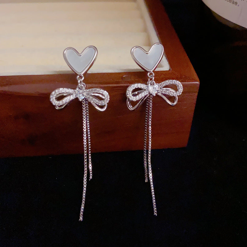 14K Gold Shell Heart Bow Tassel Drop Earrings - Chic Elegance Design