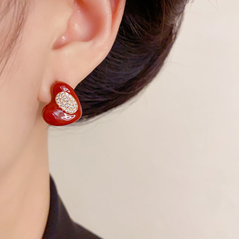 Luxury Red Enamel & Zircon Heart Stud Earrings – Elegant Design