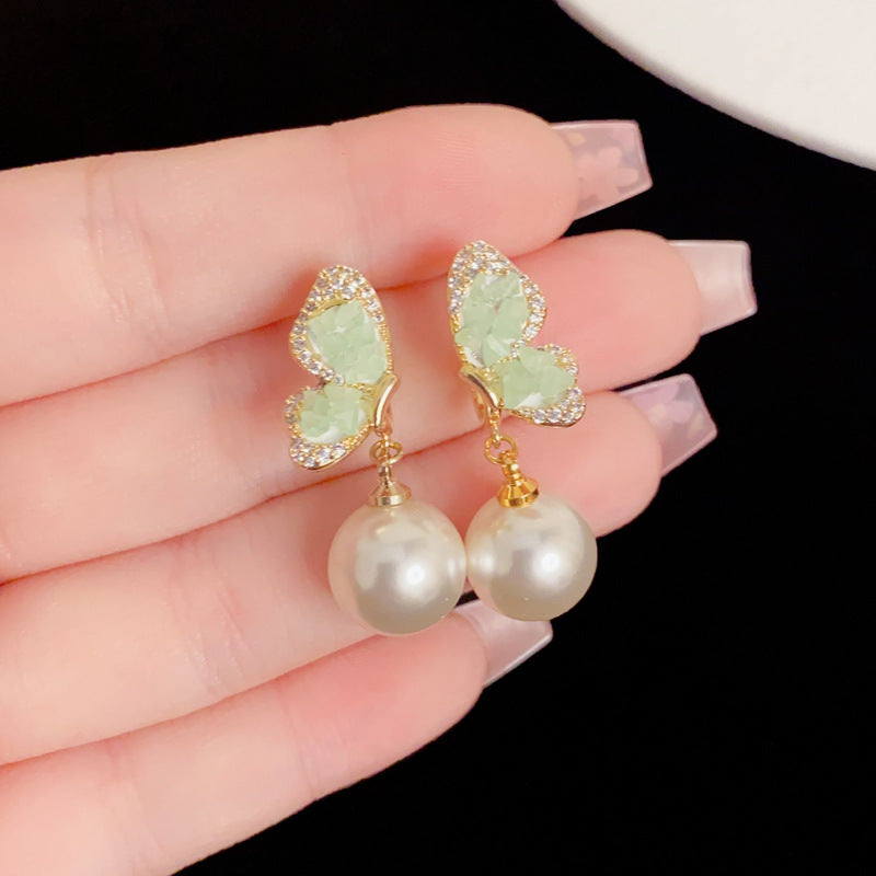 Eaioncol Butterfly Crystal Pearl Drop Earrings Gold
