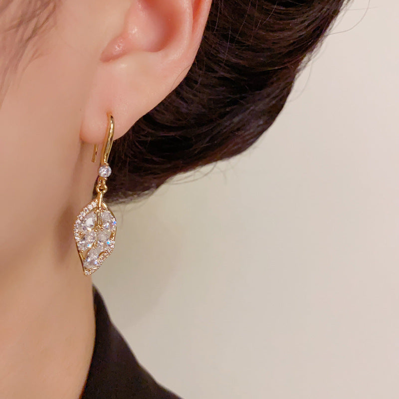 Luxury Full-Zircon Leaf Tassel Ear Hook Earrings – Elegant Design