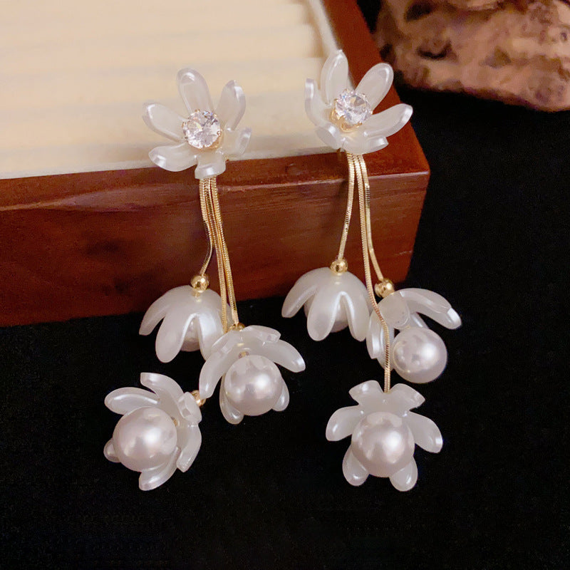 14K Gold Zircon & Pearl Petal Tassel Drop Earrings – Elegant Design