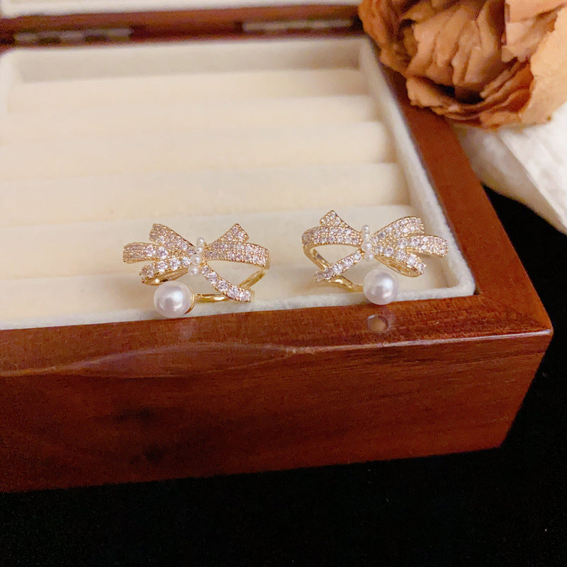 Luxury Full-Zircon Bow & Pearl Earrings – Silver Needle Elegant Design