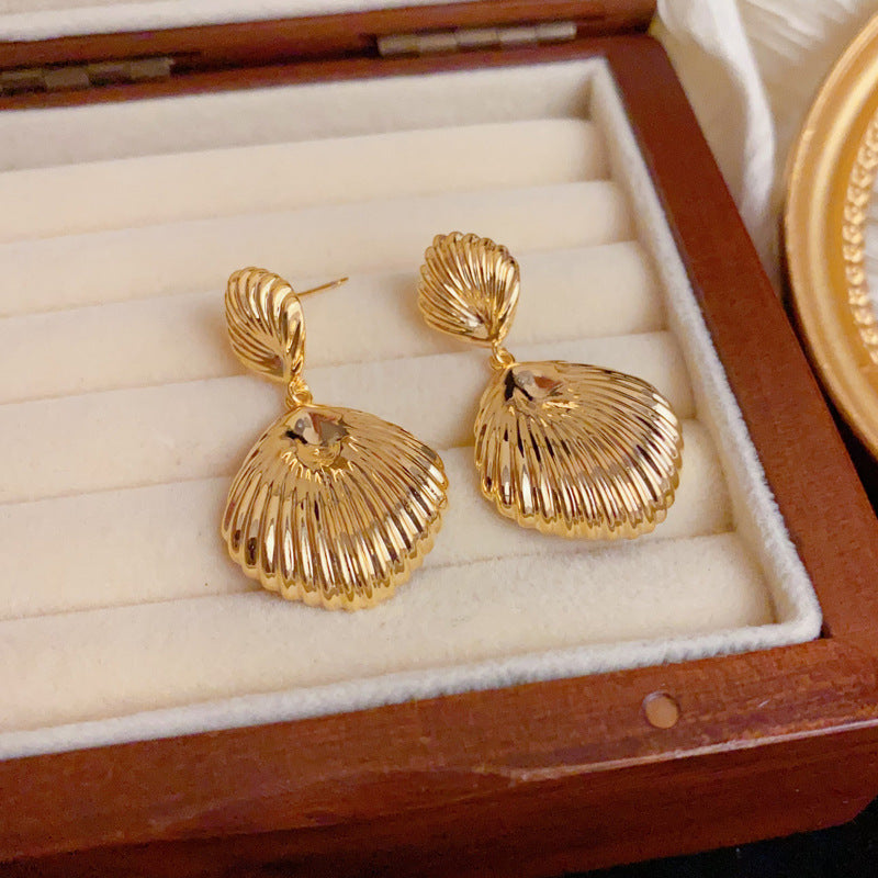 Elegant Textured Metal Shell Drop Earrings – Geometric Design