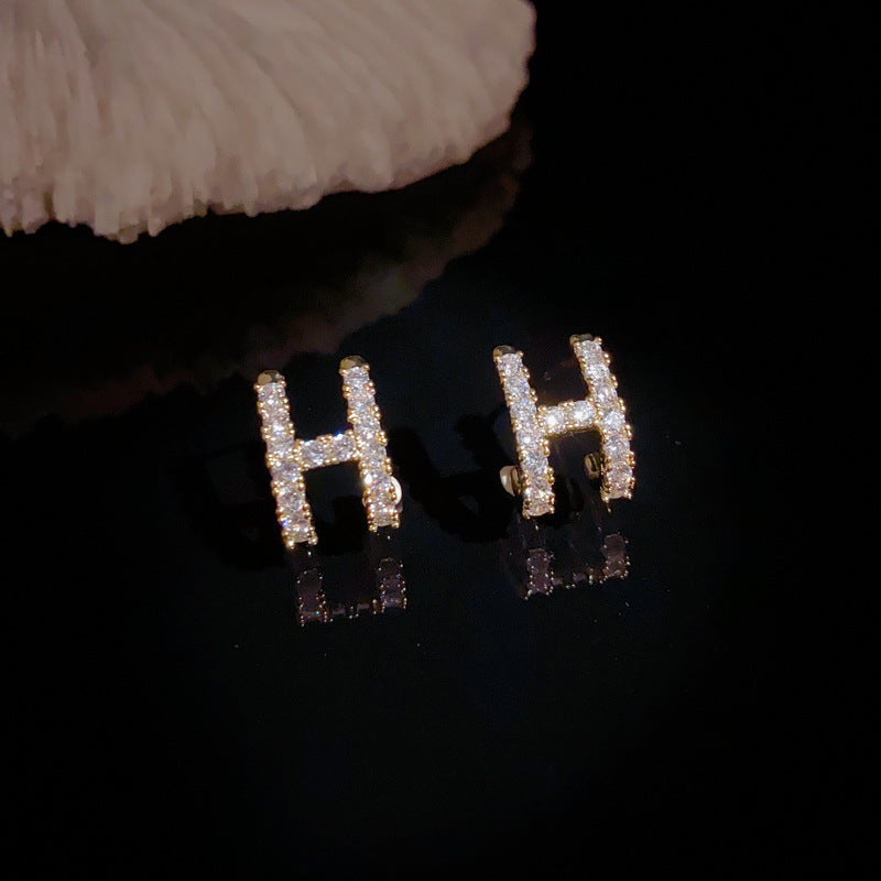 14K Gold-Plated H Letter Full Diamond Stud Earrings - Elegant & Chic