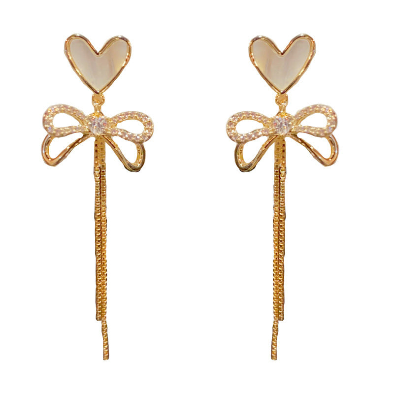 14K Gold Shell Heart Bow Tassel Drop Earrings - Chic Elegance Design