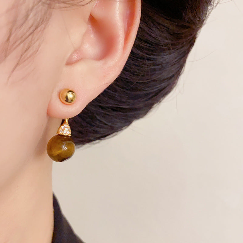 Luxury Two-Way Tiger’s Eye Drop Earrings – Geometric Design