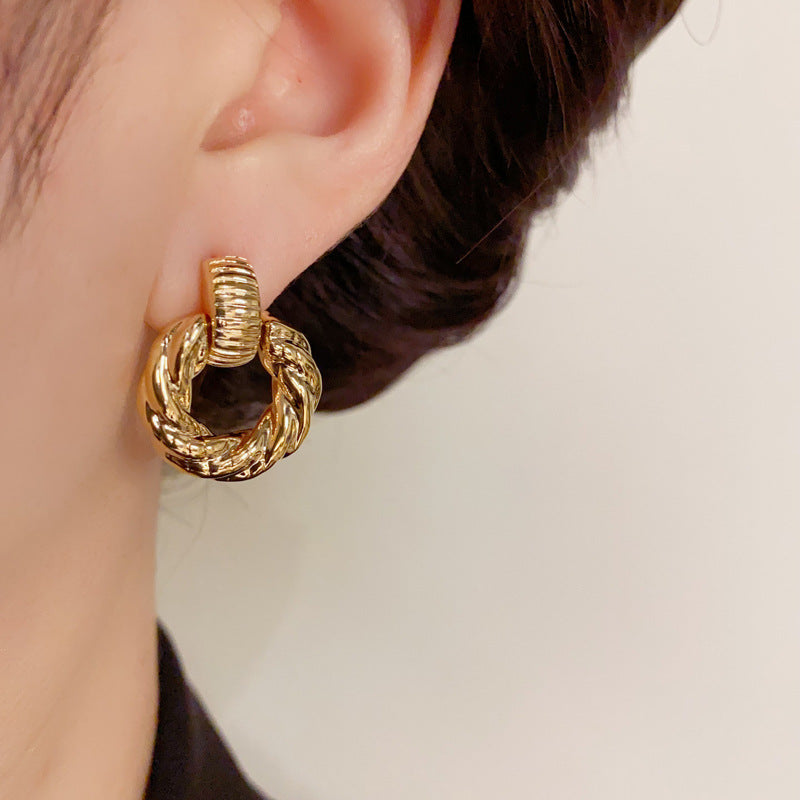 14K Gold-Plated Metal Geometric Braided Circle Earrings- Vintage Style
