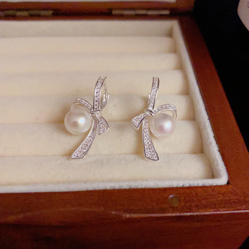 14K Gold-Plated Bow Pearl Earrings – Elegant Korean Chic Design