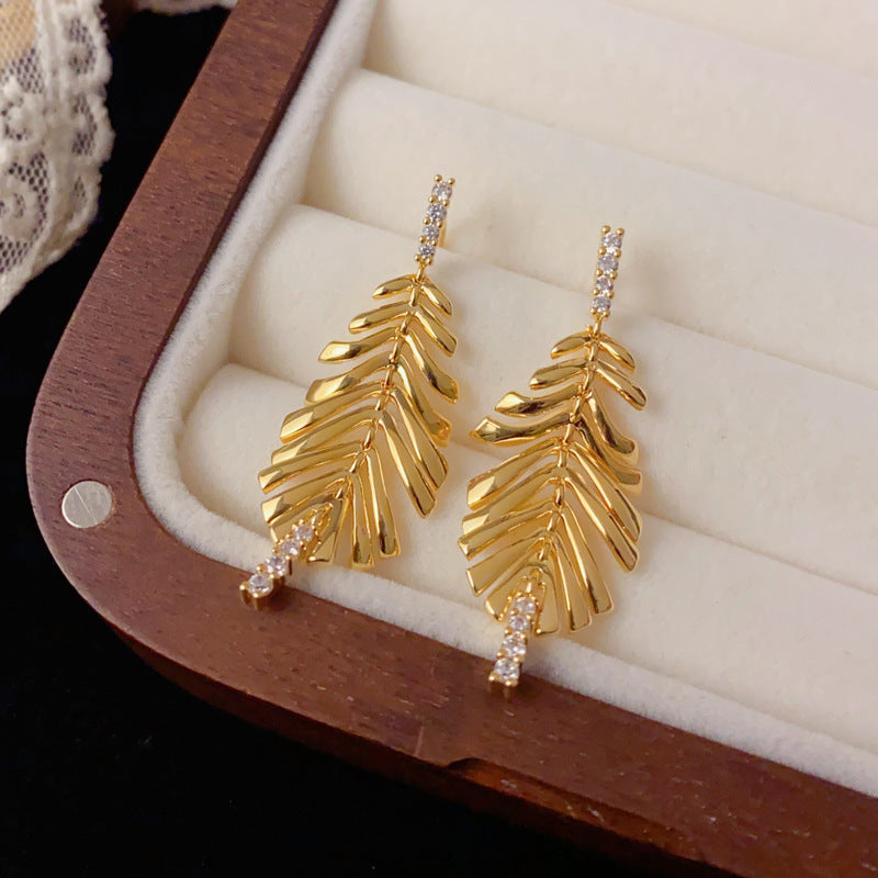 Luxury Zircon Metal Leaf Tassel Drop Earrings – Long Fringe Design