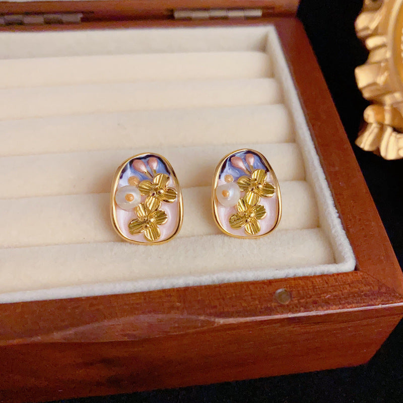Elegant Colorful Enamel Pearl Petal Stud Earrings – Floral Design