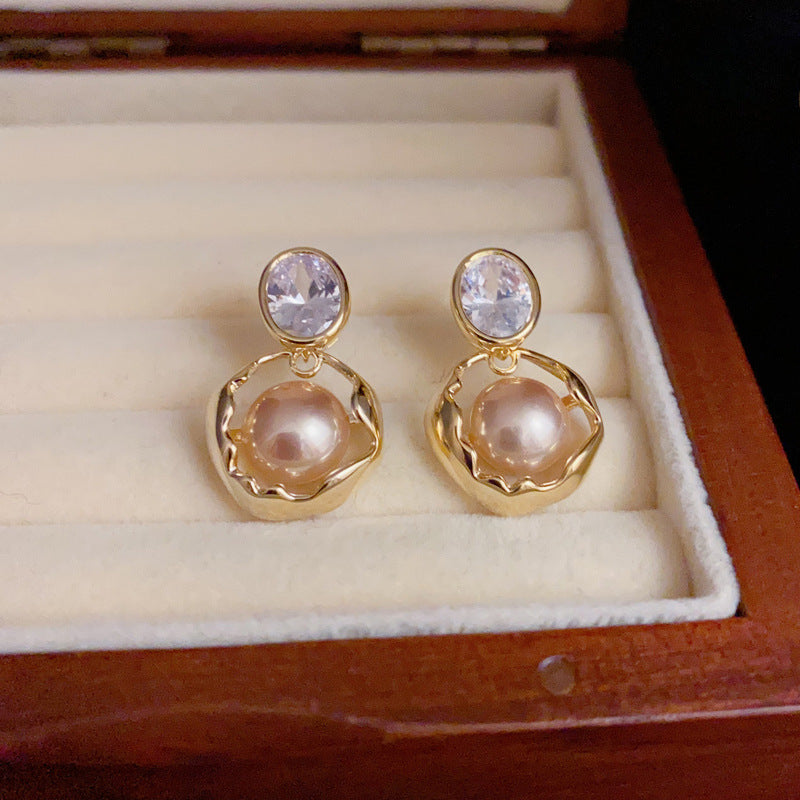 14K Gold-Plated Brown Pearl Circle Drop Earrings – Minimalist Design