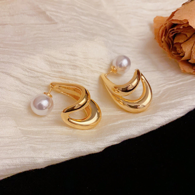 Luxury Three-Way Metal Droplet & Pearl Drop Earrings – Elegant Design