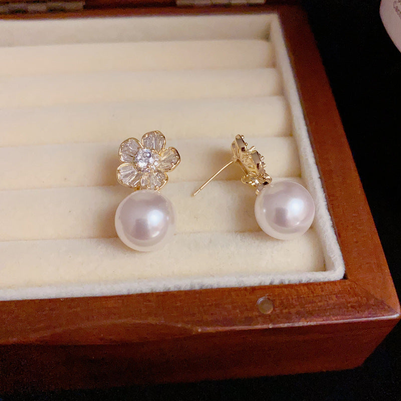 14K Gold Luxury Zircon Flower & Pearl Drop Earrings – Elegant Design