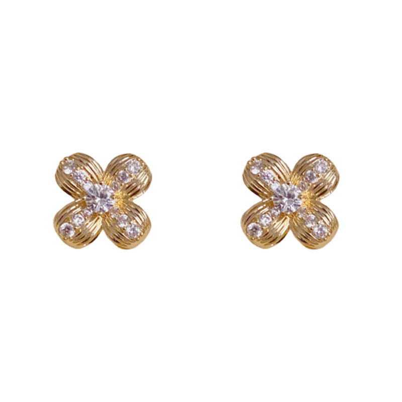 Luxury Zircon Four-Leaf Flower Stud Earrings – Elegant Floral Design