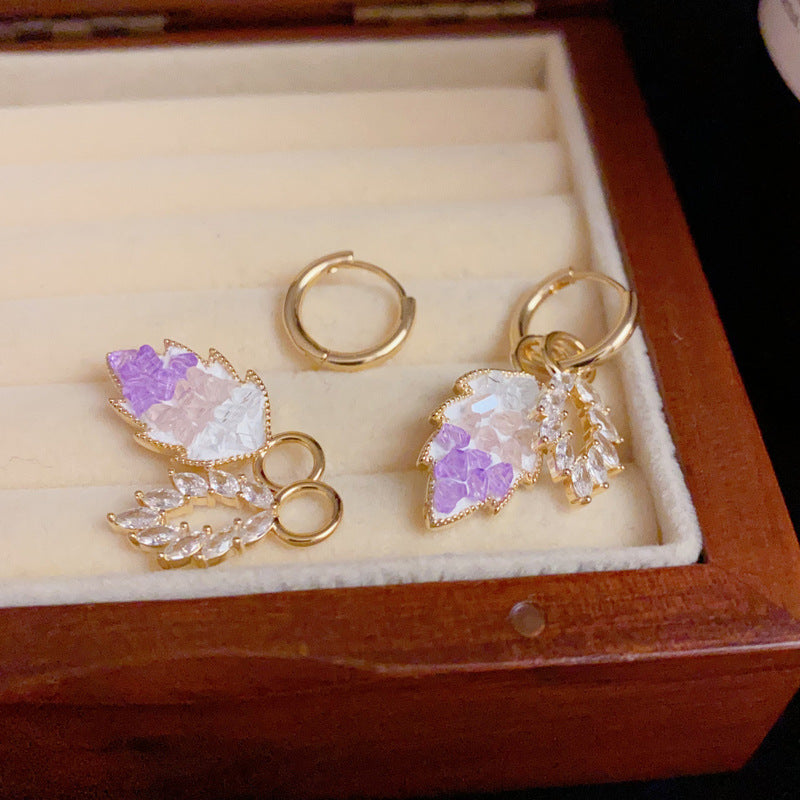 14K Gold Purple Full Zircon Leaf Tassel Earrings- Chic Elegance Design