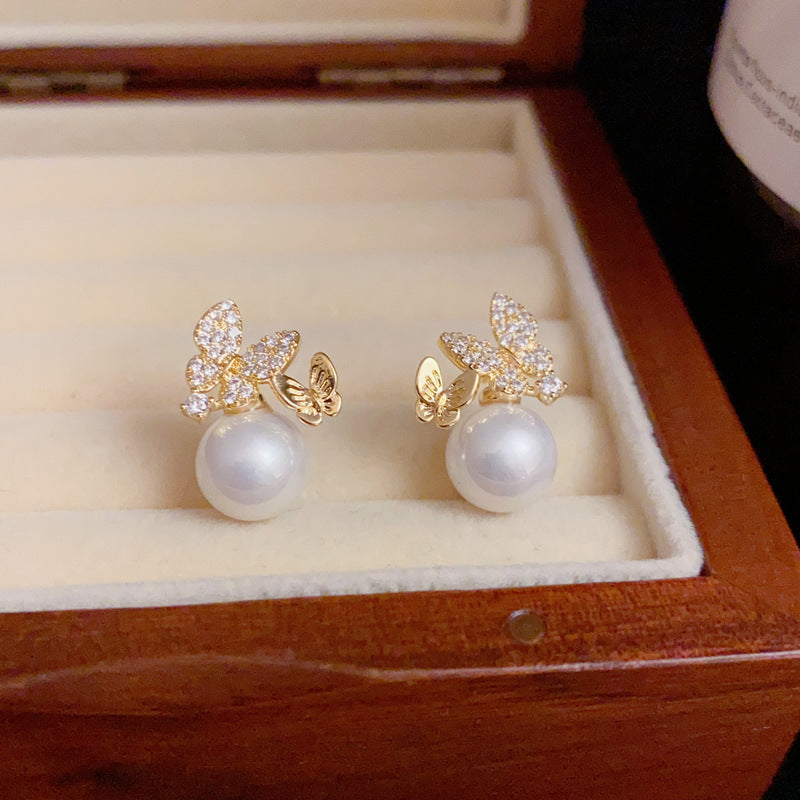 14K Gold Zircon Butterfly Pearl Stud Earrings- Chic Elegance Design