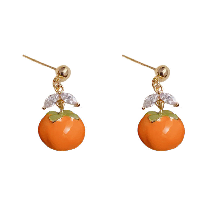 Elegant Enamel Persimmon Drop Gold Earrings – Fruit Design