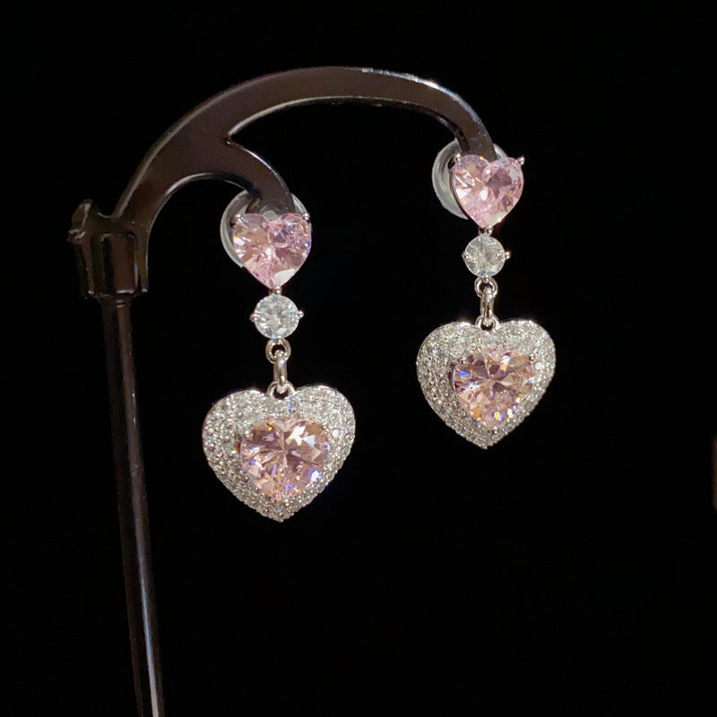 14K Gold Full Zircon Heart Tassel Earrings – Sparkling Elegant Style