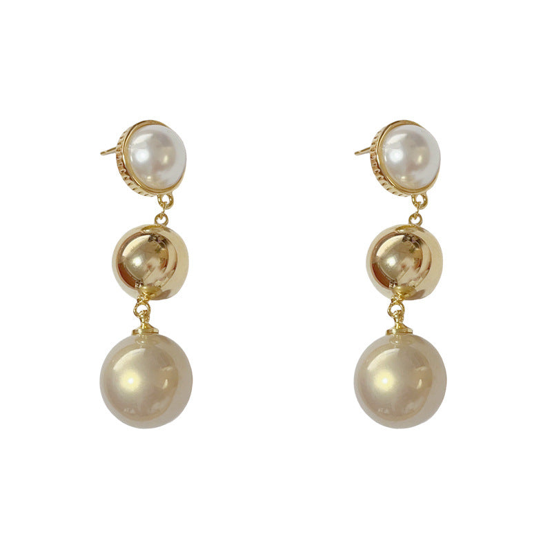 Elegant Pearl & Metal Sphere Tassel Drop Earrings – Geometric Design