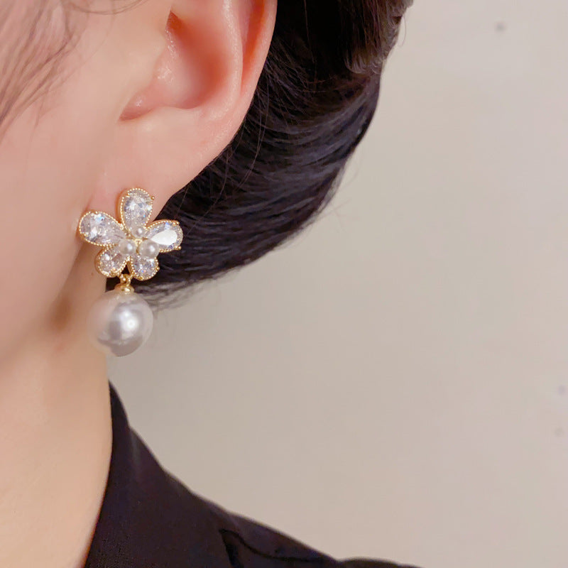 Eaioncol Floral Petal Drop Cubic Zirconia Pearl Earrings Gold