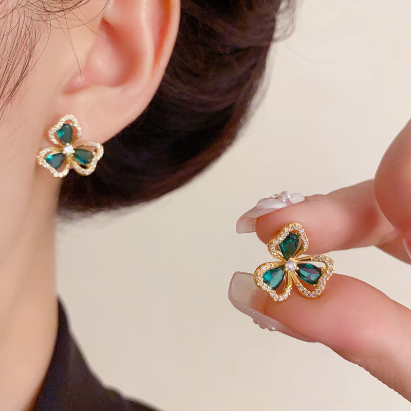 Luxury Zircon Green Clover Stud Earrings – Floral Design